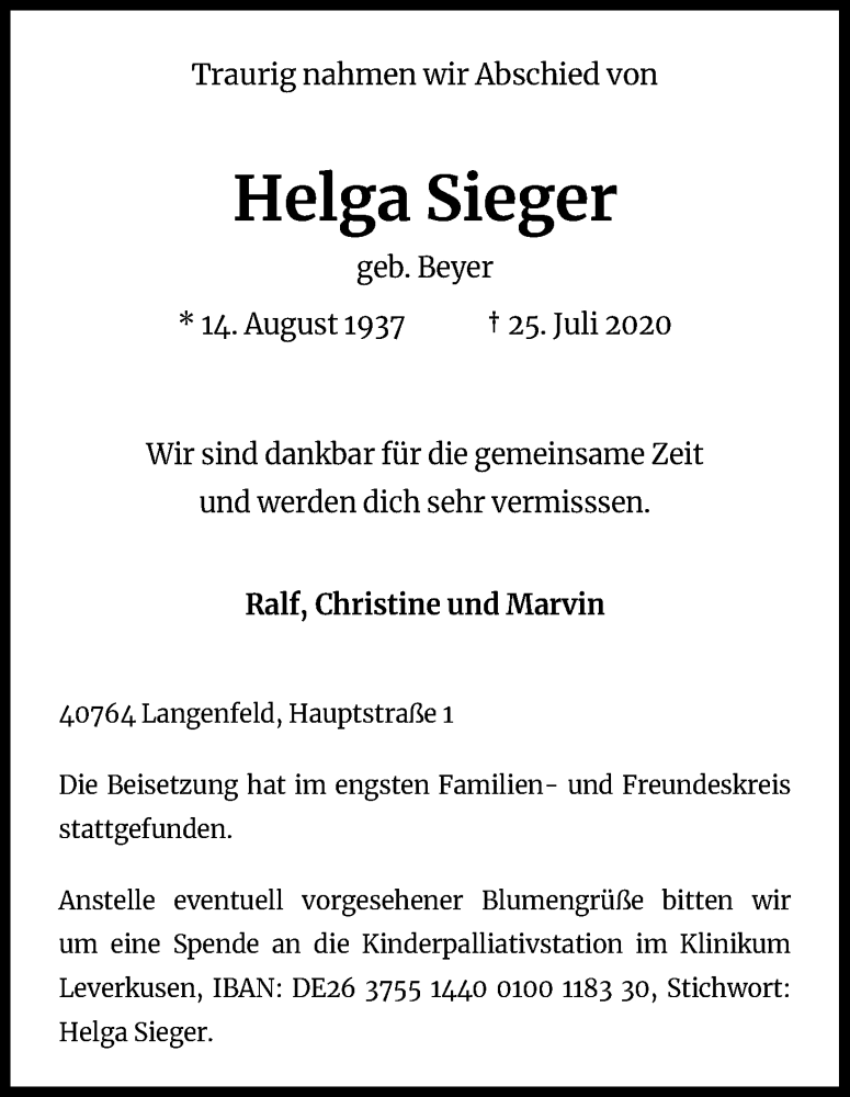  Traueranzeige für Helga Sieger vom 15.08.2020 aus Kölner Stadt-Anzeiger / Kölnische Rundschau / Express