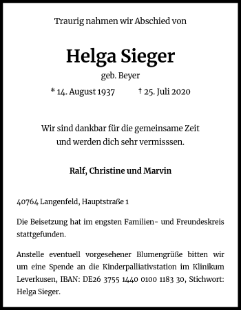 Anzeige von Helga Sieger von Kölner Stadt-Anzeiger / Kölnische Rundschau / Express