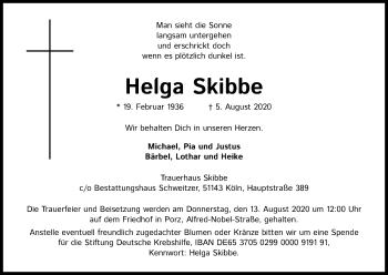 Anzeige von Helga Skibbe von Kölner Stadt-Anzeiger / Kölnische Rundschau / Express
