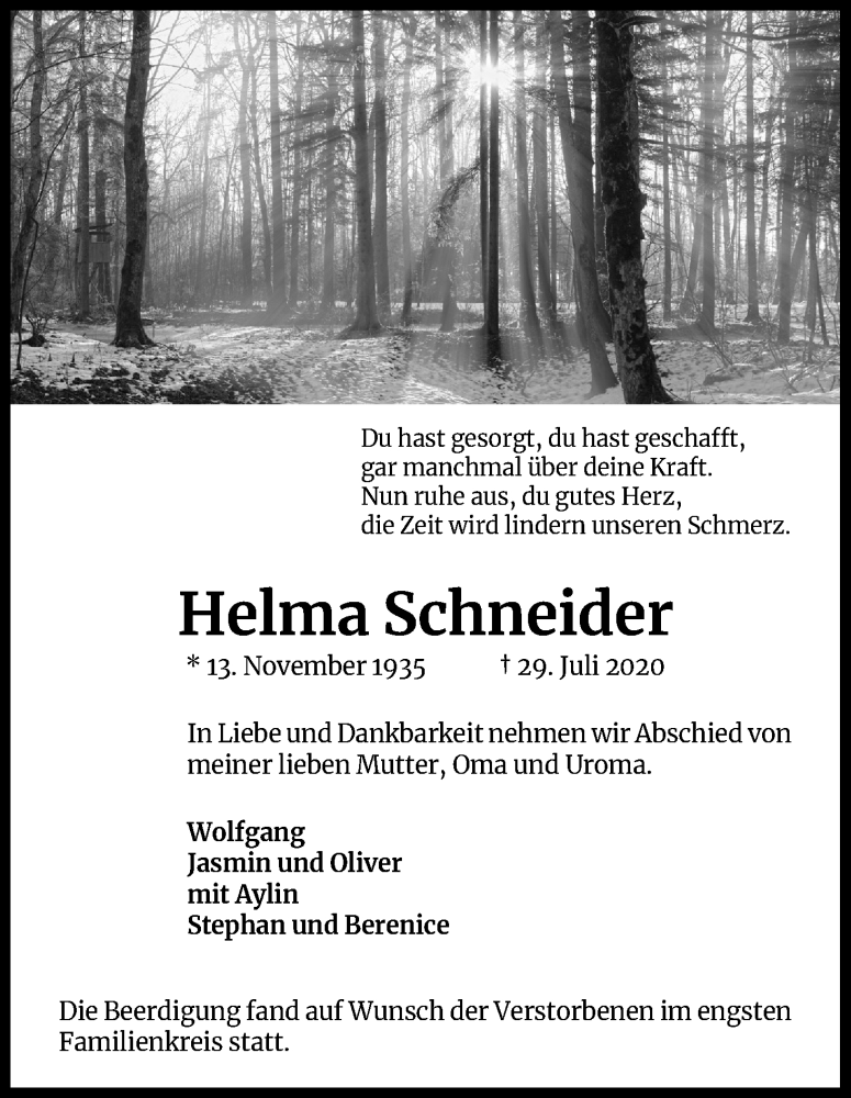  Traueranzeige für Helma Schneider vom 22.08.2020 aus Kölner Stadt-Anzeiger / Kölnische Rundschau / Express