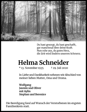 Anzeige von Helma Schneider von Kölner Stadt-Anzeiger / Kölnische Rundschau / Express