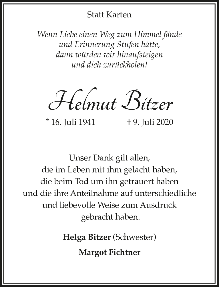  Traueranzeige für Helmut Bitzer vom 28.08.2020 aus  Lokalanzeiger 