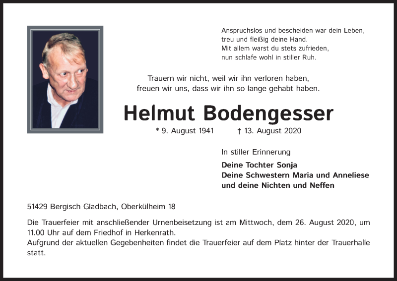  Traueranzeige für Helmut Bodengesser vom 22.08.2020 aus Kölner Stadt-Anzeiger / Kölnische Rundschau / Express