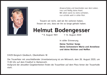 Anzeige von Helmut Bodengesser von Kölner Stadt-Anzeiger / Kölnische Rundschau / Express