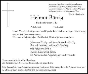 Anzeige von Helmut Bättig von Kölner Stadt-Anzeiger / Kölnische Rundschau / Express