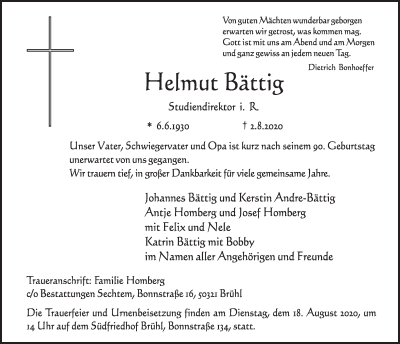  Traueranzeige für Helmut Bättig vom 14.08.2020 aus  Schlossbote/Werbekurier 