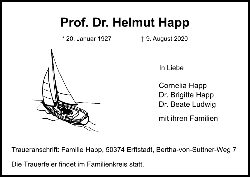  Traueranzeige für Helmut Happ vom 29.08.2020 aus Kölner Stadt-Anzeiger / Kölnische Rundschau / Express