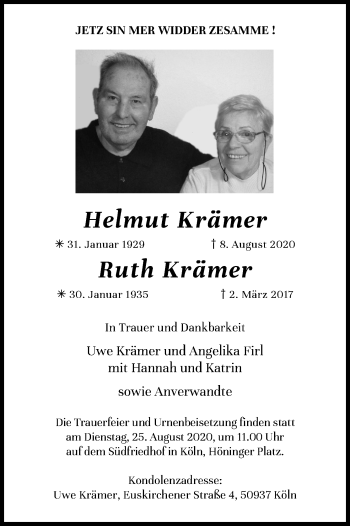 Anzeige von Helmut Krämer von Kölner Stadt-Anzeiger / Kölnische Rundschau / Express