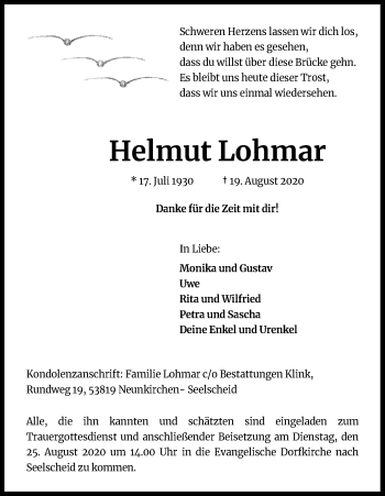 Anzeige von Helmut Lohmar von Kölner Stadt-Anzeiger / Kölnische Rundschau / Express