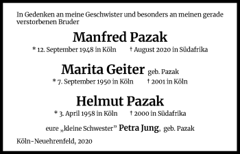 Anzeige von Helmut Pazak von Kölner Stadt-Anzeiger / Kölnische Rundschau / Express