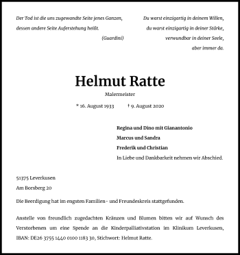 Anzeige von Helmut Ratte von Kölner Stadt-Anzeiger / Kölnische Rundschau / Express