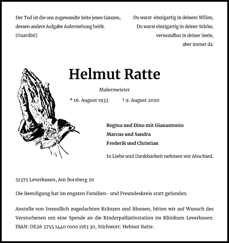  Traueranzeige für Helmut Ratte vom 22.08.2020 aus Kölner Stadt-Anzeiger / Kölnische Rundschau / Express