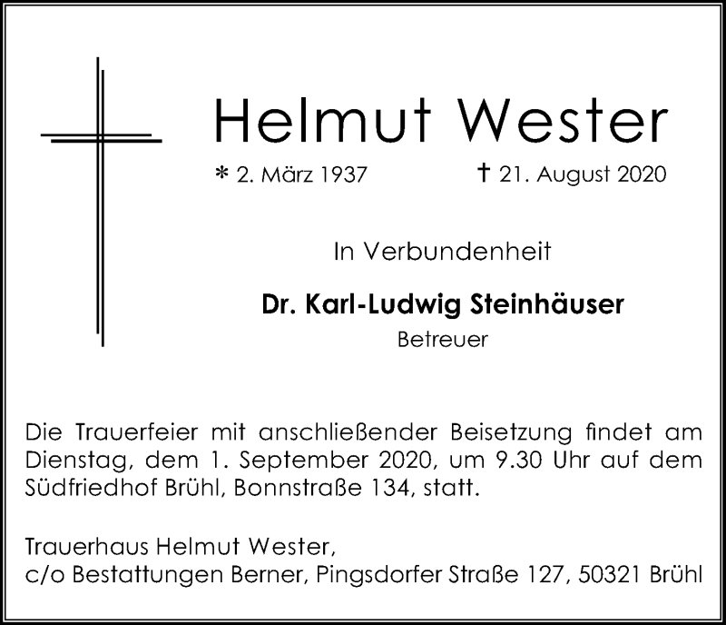  Traueranzeige für Helmut Wester vom 29.08.2020 aus Kölner Stadt-Anzeiger / Kölnische Rundschau / Express