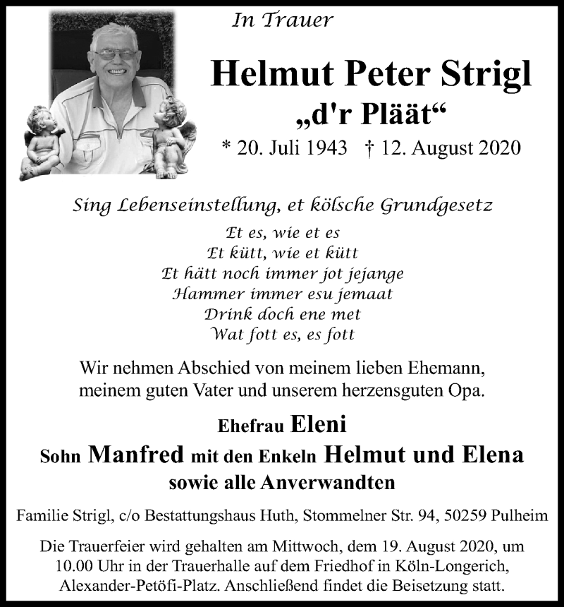 Traueranzeige für Helmut Peter Strigl vom 15.08.2020 aus Kölner Stadt-Anzeiger / Kölnische Rundschau / Express