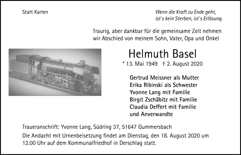  Traueranzeige für Helmuth Basel vom 14.08.2020 aus  Anzeigen Echo 