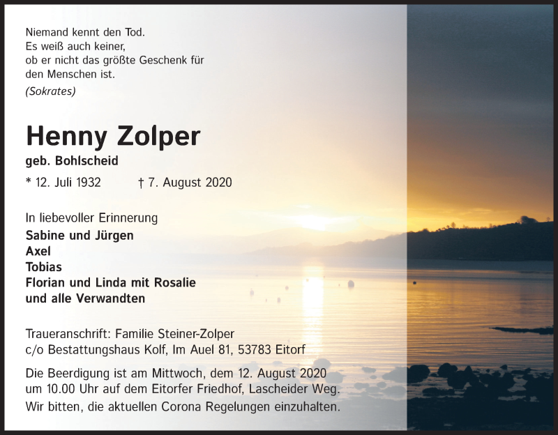  Traueranzeige für Henny Zolper vom 11.08.2020 aus Kölner Stadt-Anzeiger / Kölnische Rundschau / Express