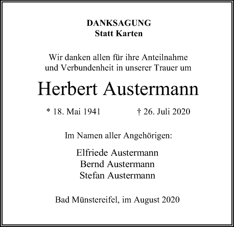  Traueranzeige für Herbert Austermann vom 29.08.2020 aus Kölner Stadt-Anzeiger / Kölnische Rundschau / Express