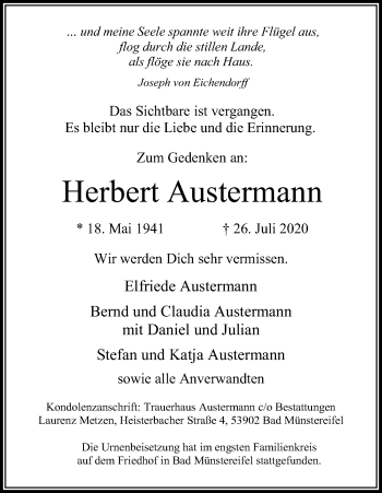 Anzeige von Herbert Austermann von Kölner Stadt-Anzeiger / Kölnische Rundschau / Express