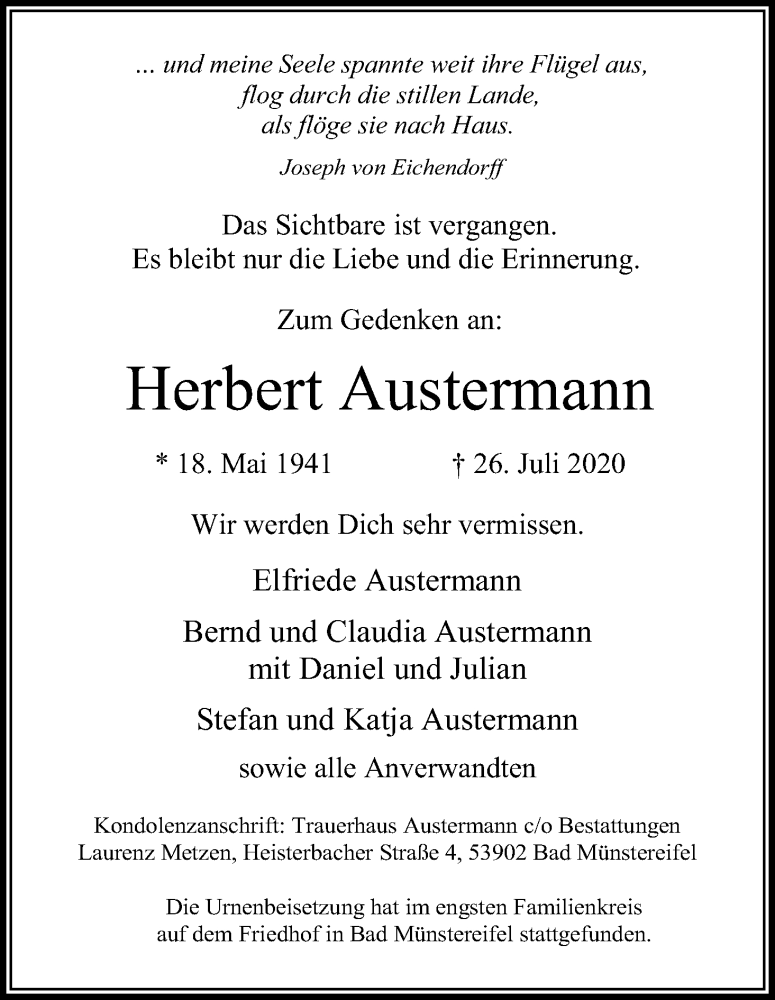  Traueranzeige für Herbert Austermann vom 01.08.2020 aus Kölner Stadt-Anzeiger / Kölnische Rundschau / Express