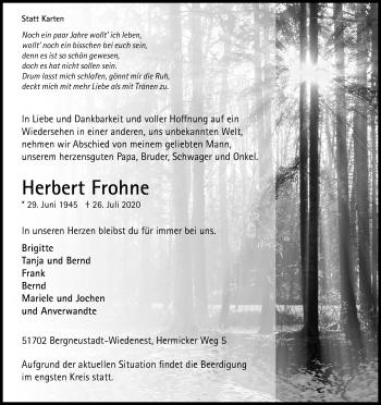 Anzeige von Herbert Frohne von Kölner Stadt-Anzeiger / Kölnische Rundschau / Express