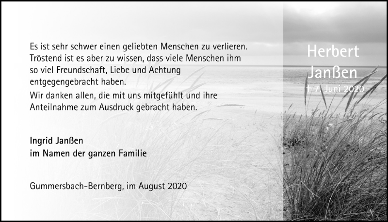  Traueranzeige für Herbert Janßen vom 07.08.2020 aus  Anzeigen Echo 