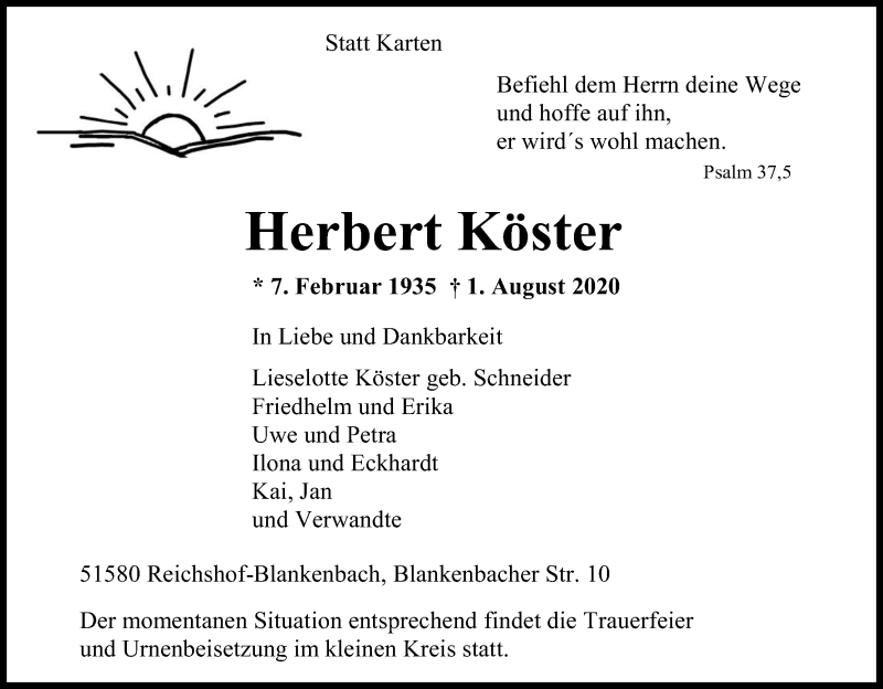  Traueranzeige für Herbert Köster vom 06.08.2020 aus Kölner Stadt-Anzeiger / Kölnische Rundschau / Express