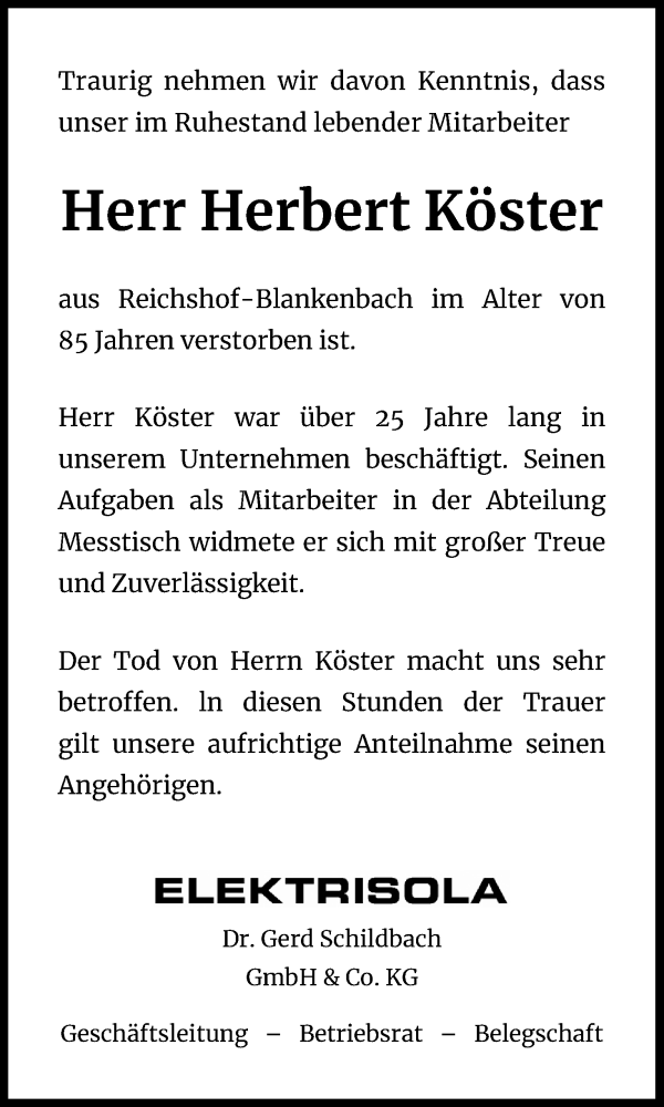  Traueranzeige für Herbert Köster vom 12.08.2020 aus Kölner Stadt-Anzeiger / Kölnische Rundschau / Express