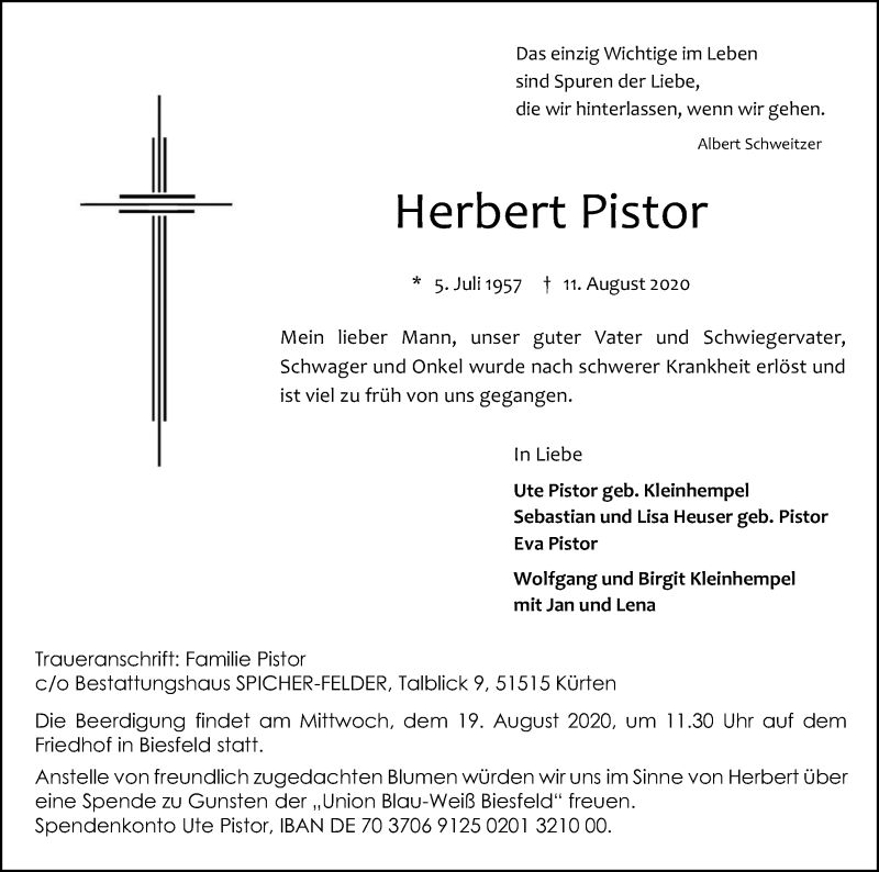  Traueranzeige für Herbert Pistor vom 15.08.2020 aus Kölner Stadt-Anzeiger / Kölnische Rundschau / Express