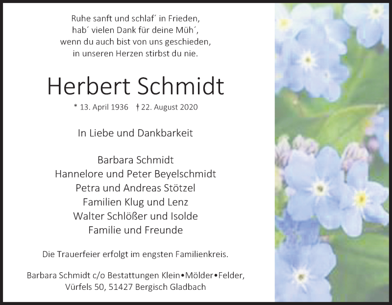  Traueranzeige für Herbert Schmidt vom 29.08.2020 aus Kölner Stadt-Anzeiger / Kölnische Rundschau / Express
