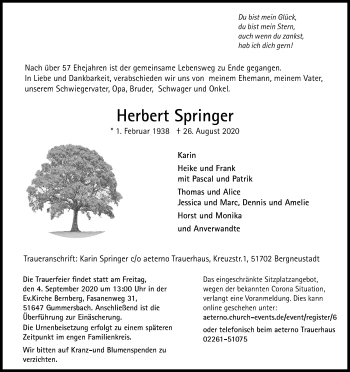 Anzeige von Herbert Springer von Kölner Stadt-Anzeiger / Kölnische Rundschau / Express