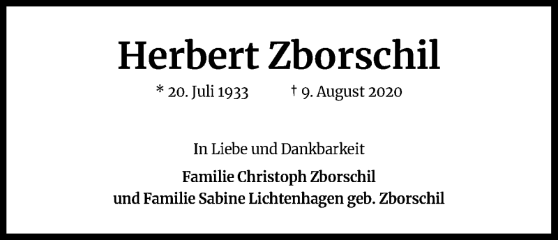  Traueranzeige für Herbert Zborschil vom 29.08.2020 aus Kölner Stadt-Anzeiger / Kölnische Rundschau / Express