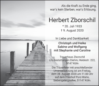Anzeige von Herbert Zborschil von  Kölner Wochenspiegel 