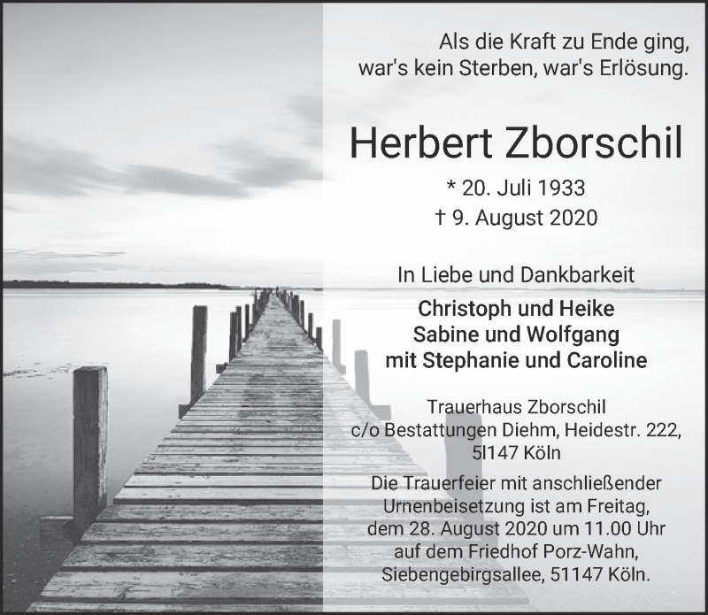  Traueranzeige für Herbert Zborschil vom 21.08.2020 aus  Kölner Wochenspiegel 
