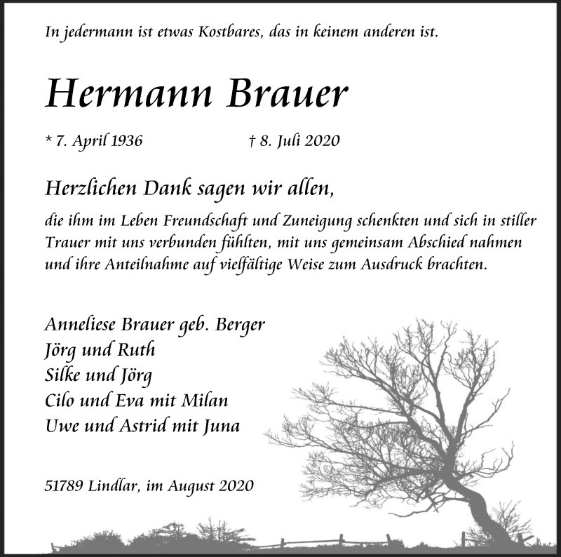  Traueranzeige für Hermann Brauer vom 22.08.2020 aus Kölner Stadt-Anzeiger / Kölnische Rundschau / Express
