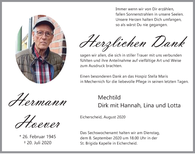  Traueranzeige für Hermann Hoever vom 29.08.2020 aus  Blickpunkt Euskirchen 