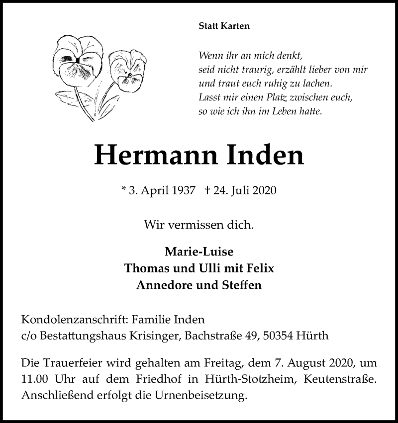 Traueranzeige für Hermann Inden vom 01.08.2020 aus Kölner Stadt-Anzeiger / Kölnische Rundschau / Express