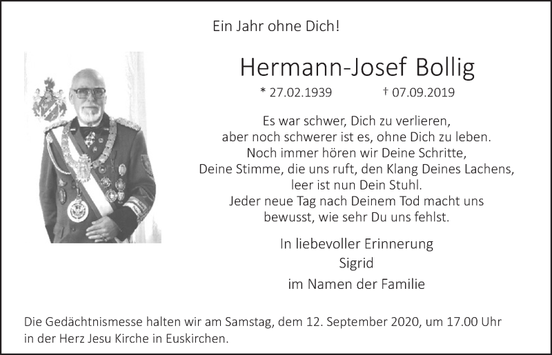  Traueranzeige für Hermann-Josef Bollig vom 29.08.2020 aus  Blickpunkt Euskirchen 