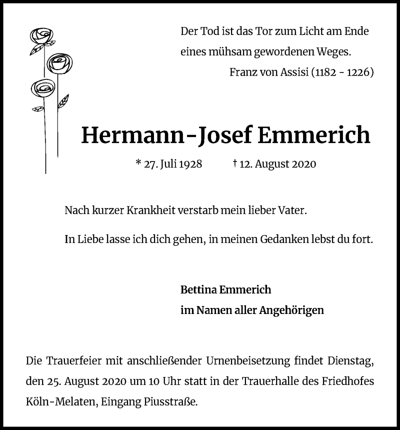  Traueranzeige für Hermann-Josef Emmerich vom 15.08.2020 aus Kölner Stadt-Anzeiger / Kölnische Rundschau / Express