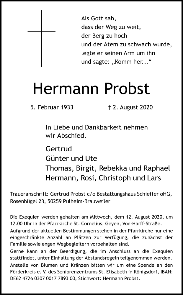  Traueranzeige für Hermann Probst vom 08.08.2020 aus Kölner Stadt-Anzeiger / Kölnische Rundschau / Express