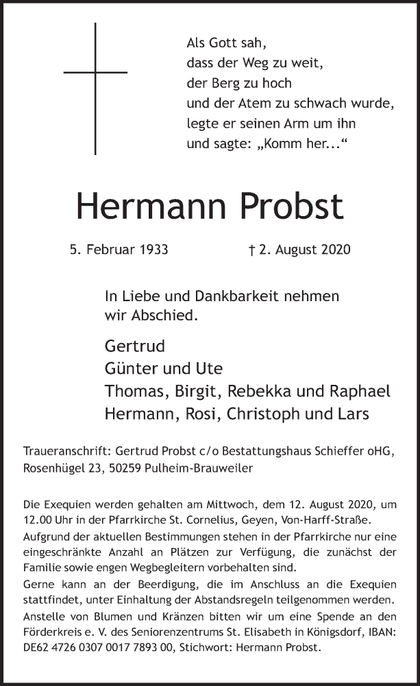  Traueranzeige für Hermann Probst vom 07.08.2020 aus  Wochenende 