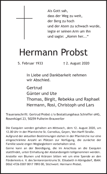 Anzeige von Hermann Probst von  Wochenende 