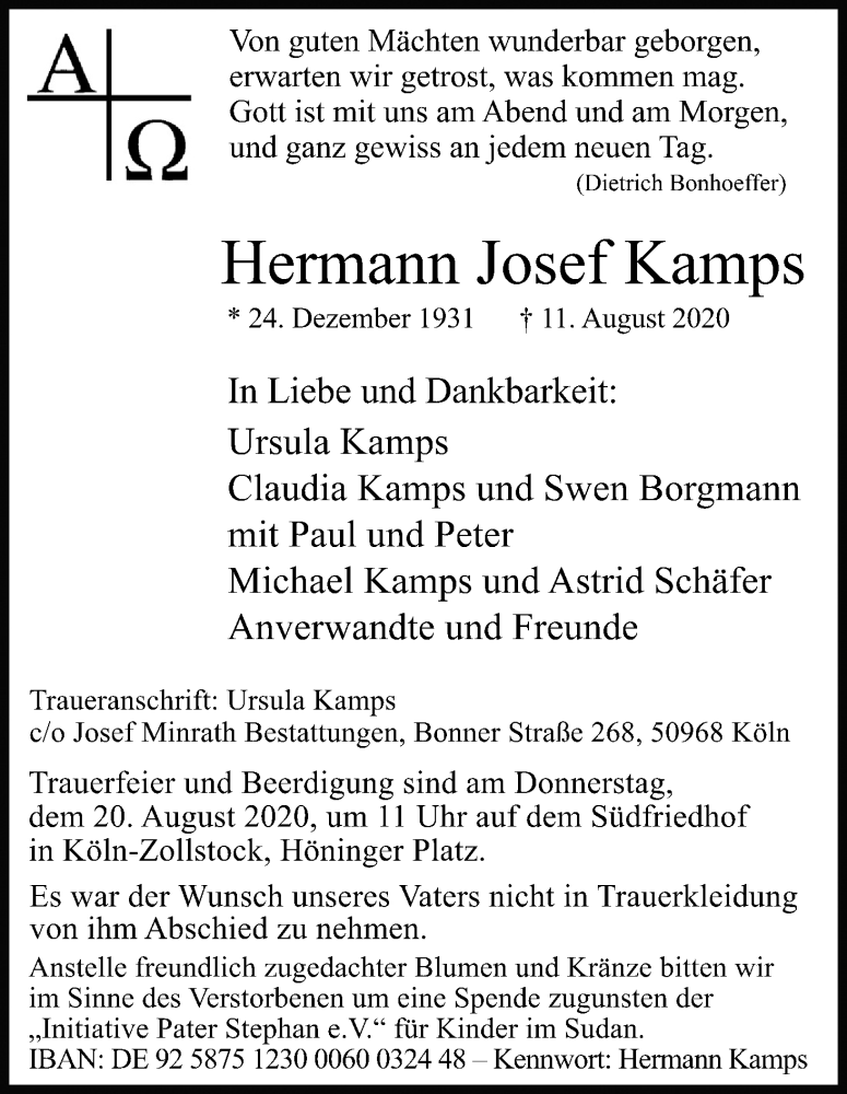  Traueranzeige für Hermann Josef Kamps vom 15.08.2020 aus Kölner Stadt-Anzeiger / Kölnische Rundschau / Express