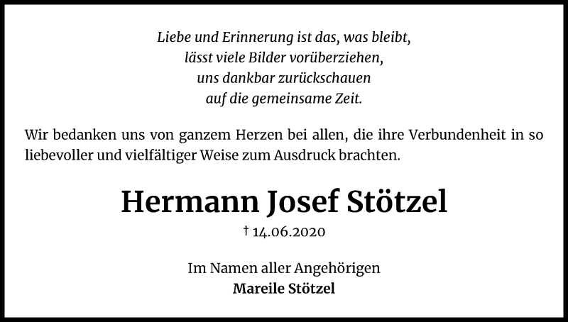  Traueranzeige für Hermann Josef Stötzel vom 01.08.2020 aus Kölner Stadt-Anzeiger / Kölnische Rundschau / Express