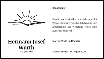 Anzeige von Hermann Josef Wurth von Kölner Stadt-Anzeiger / Kölnische Rundschau / Express