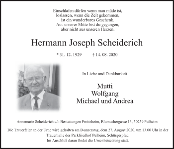 Anzeige von Hermann Joseph Scheiderich von  Wochenende 