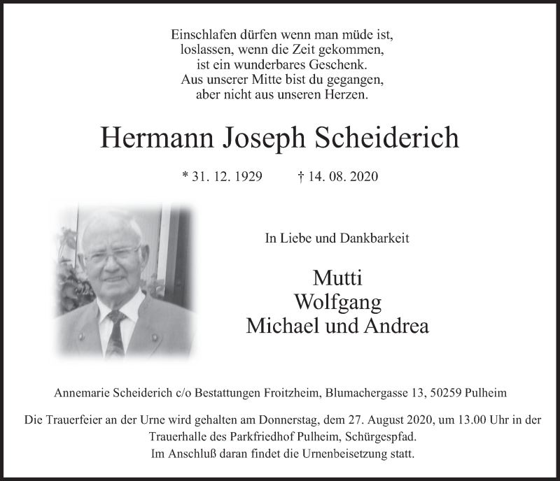  Traueranzeige für Hermann Joseph Scheiderich vom 21.08.2020 aus  Wochenende 
