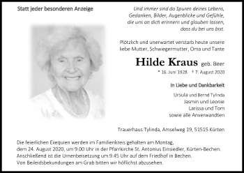 Anzeige von Hilde Kraus von Kölner Stadt-Anzeiger / Kölnische Rundschau / Express