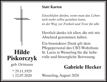 Anzeige von Hilde Piskorczyk von  Schlossbote/Werbekurier 