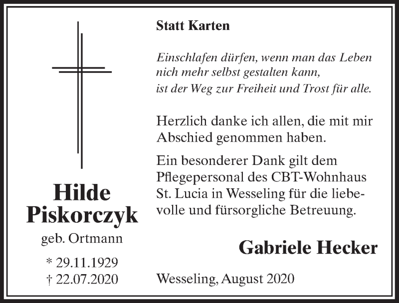  Traueranzeige für Hilde Piskorczyk vom 07.08.2020 aus  Schlossbote/Werbekurier 