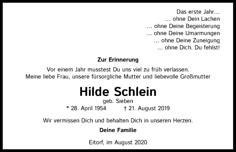  Traueranzeige für Hilde Schlein vom 21.08.2020 aus Kölner Stadt-Anzeiger / Kölnische Rundschau / Express